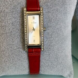 Vintage Skagen Denmark Ultra Slim Red Croc Embossed Strap Silver Tone Watch